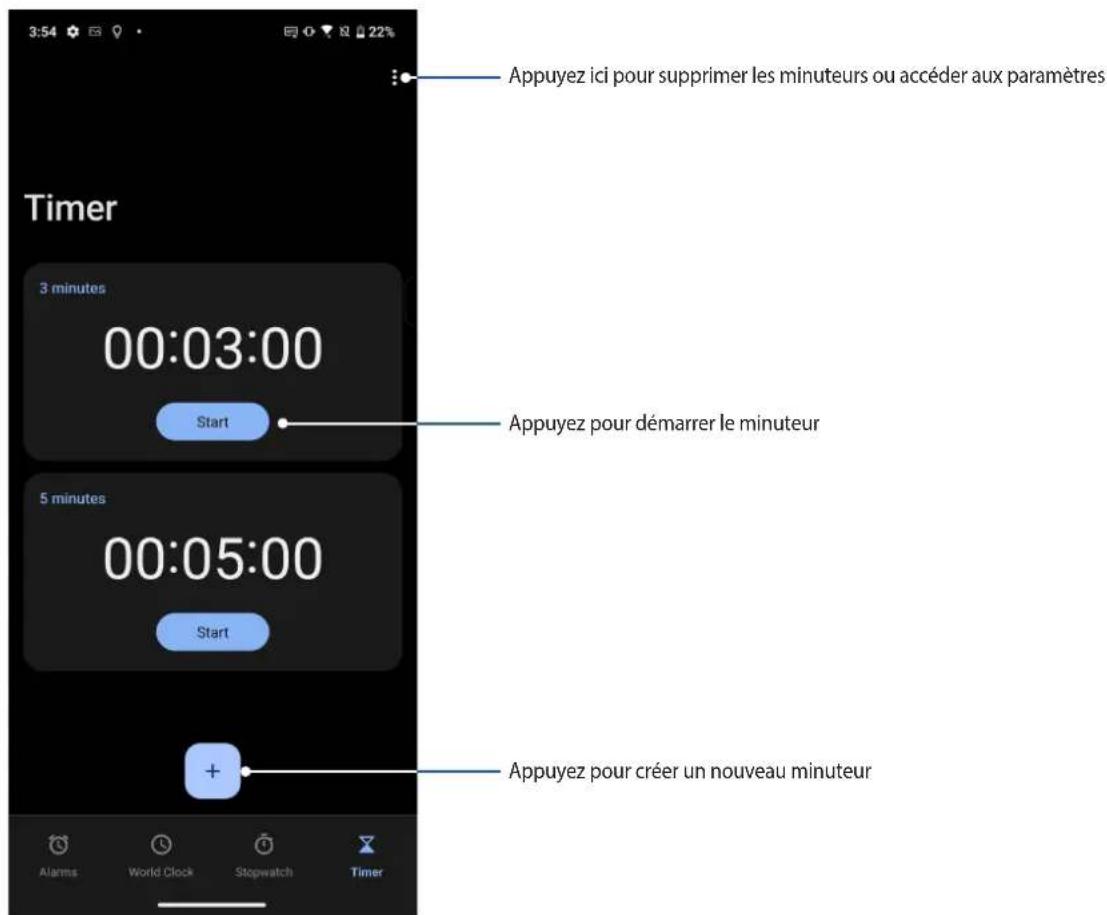 Appuyez ici pour supprimer les minuteurs ou accéder aux paramètres 3 minutes 00:03:00 Start Appuyez pour démarrer le minuteur 5 minutes 00:05:00 Start Appuyez pour créer un nouveau minuteur
