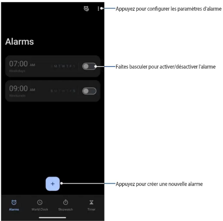 Appuyez pour configurer les paramètres d'alarme 07:00 AM SMTW TFS Weekdays Faites basculer pour activer/désactiver l'alarme 09:00 AM SMTW TFS Weekends Appuyez pour créer une nouvelle alarme