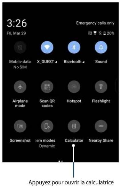 3:26 Fri, Mar 29 Emergency calls only Mobile data No SIM X_GUEST Bluetooth Sound Airplane mode Scan QR codes Hotspot Flashlight Screenshot Item modes Dynamic Calculator Nearby Share Appuyez pour ouvrir la calculatrice
