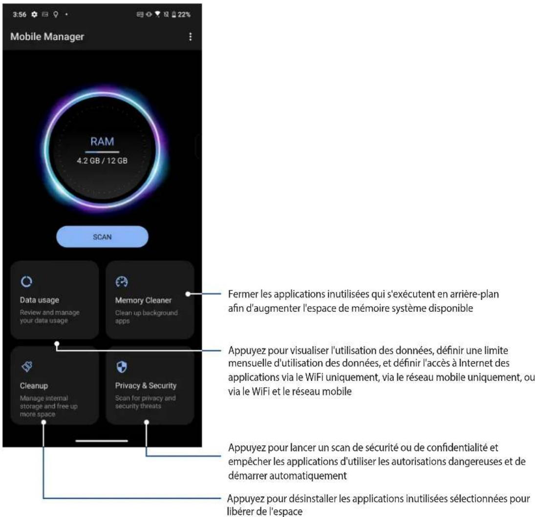 3:56 22% Mobile Manager RAM 4.2 GB / 12 GB SCAN Data usage Review and manage your data usage Memory Cleaner Clean up background apps Appuyez pour visualiser l'utilisation des données, définir une limite mensuelle d'utilisation des données, et définir l'accès à Internet des applications via le WiFi uniquement, via le réseau mobile uniquement, ou via le WiFi et le réseau mobile Cleanup Manage internal storage and free up more space Privacy & Security Scan for privacy and security threats Appuyez pour lancer un scan de sécurité ou de confidentialité et empêcher les applications d'utiliser les autorisations dangereuses et de démarrer automatiquement Appuyez pour désinstaller les applications inutilisées sélectionnées pour libérer de l'espace