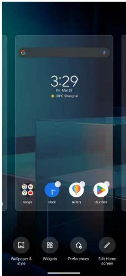 3:29 Fri, Mar 29 28°C Shanghai Google Clock Gallery Play Store Wallpaper & style Widgets Preferences Edit Home screen