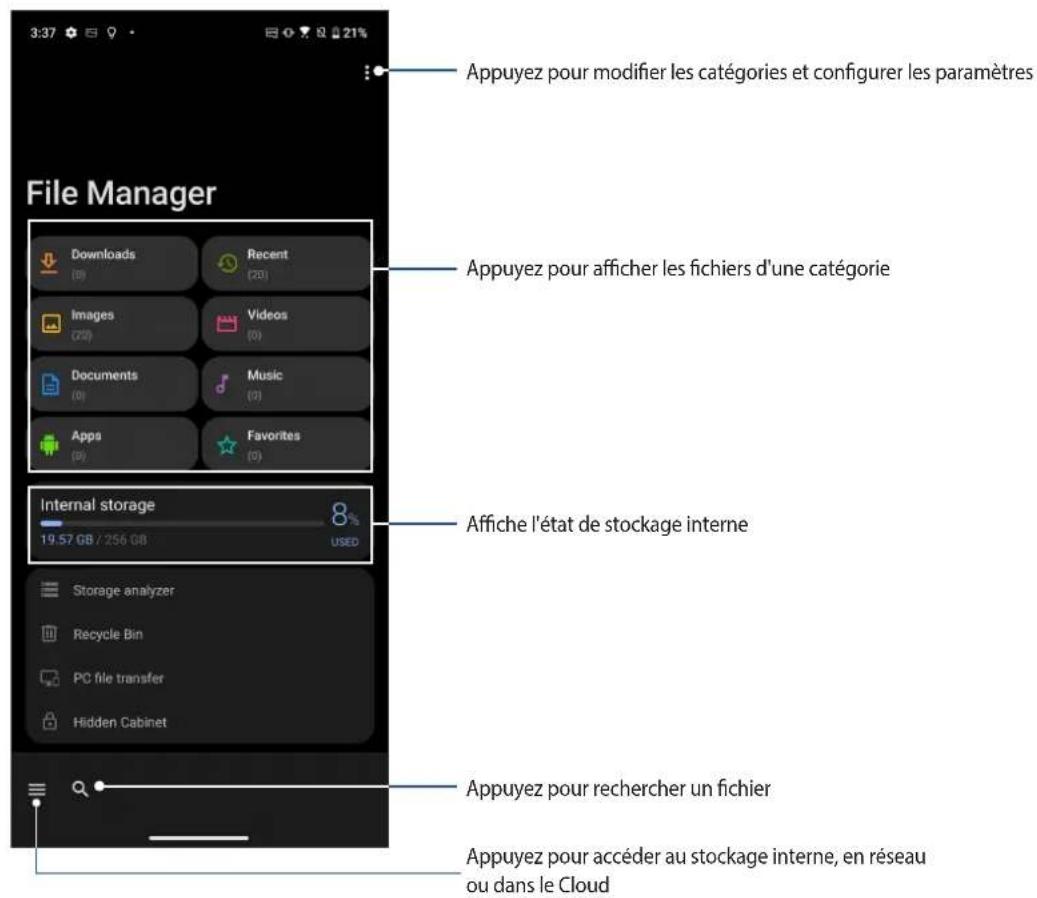 3:37 21% File Manager Appuyez pour modifier les catégories et configurer les paramètres Downloads (0) Recent (20) Images (20) Videos (0) Documents (0) Music (0) Apps (0) Favorites (0) Internal storage 19.57 GB / 256 GB 8% USED Affiche l'état de stockage interne Storage analyzer Recycle Bin PC file transfer Hidden Cabinet Appuyez pour rechercher un fichier Appuyez pour accéder au stockage interne, en réseau ou dans le Cloud