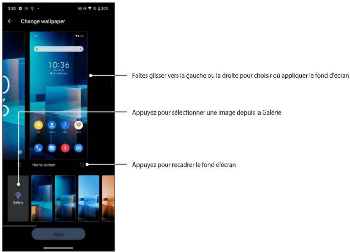 Change wallpaper Faites glisser vers la gauche ou la droite pour choisir où appliquer le fond d'écran Appuyez pour sélectionner une image depuis la Galerie Appuyez pour recadrer le fond d'écran
