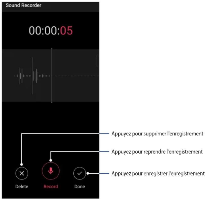 Sound Recorder 00:00:05 Appuyez pour supprimer l'enregistrement Appuyez pour reprendre l'enregistrement Appuyez pour enregistrer l'enregistrement Delete Record Done