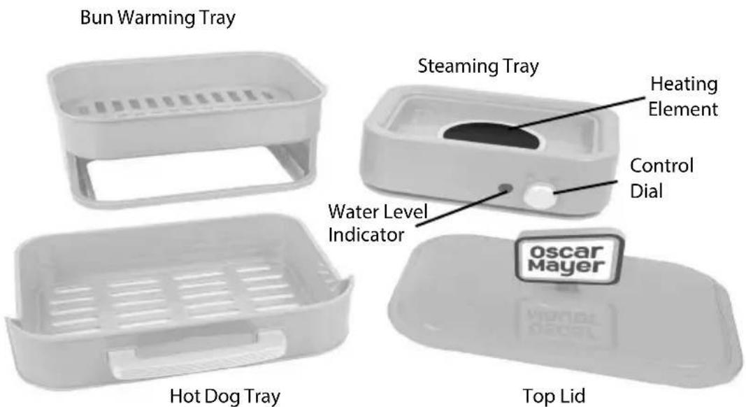Bun Warming Tray Steaming Tray Heating Element Control Dial Water Level Indicator Hot Dog Tray Top Lid oscar Mayer