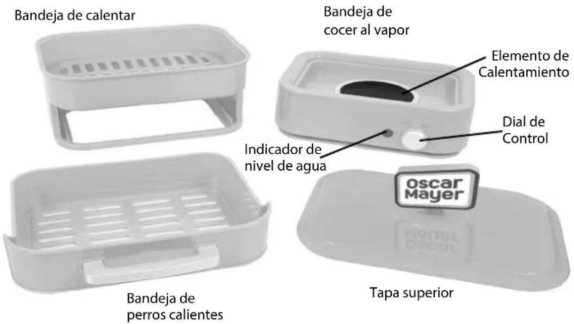 Bandeja de calentar Bandeja de cocer al vapor Elemento de Calentamiento Dial de Control Indicador de nivel de agua Bandeja de perros calientes Tapa superior