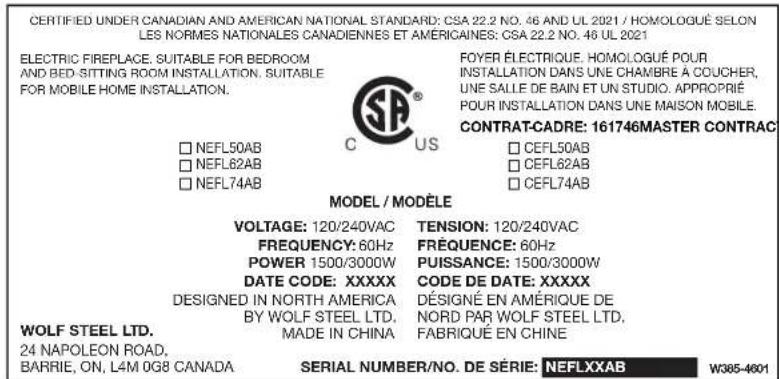 Napoleon Astound FlexMount NEFL50AB - rating plate information - 1