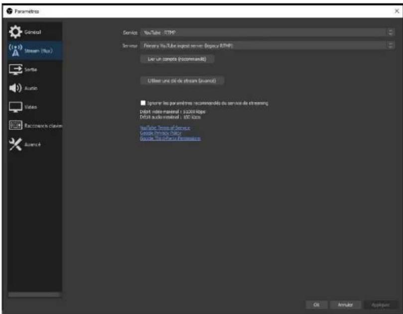 Paramètres Général Stream (litus) Sortie Audio Videos Reconstante classen Avance Service: YouTube - RTPP Servicer: Primary YouTube logo server (logency RTPP) Live un concept (recommends) Utiliser une clé de stream (avance) ■ Optimer les paramètres recommandées du service de streaming Débit mini material : 5000 bytes Débit audio installed : 100 bytes YouTube Terms of Service Google Prime Video Google TV & Video Format OK Annular Applicant