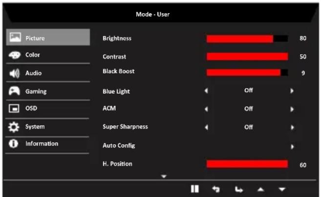 Mode - User Picture Color Audio Gaming OSD System Information Brightness 80 Contrast 50 Black Boost 9 Blue Light Off ACM Off Super Sharpness Off Auto Config H. Position 60