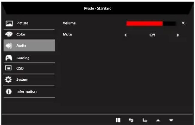 Mode - Standard Picture Volume 70 Color Mute Off Audio Gaming OSD System Information