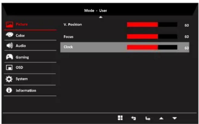 Mode - User Picture V. Position 60 Color Focus 60 Audio Clock 60 Gaming OSD System Information