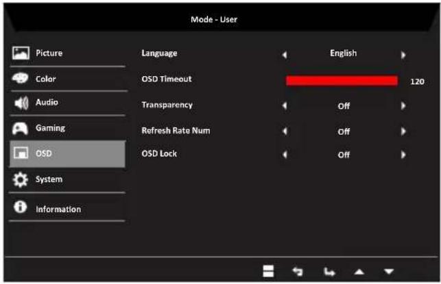 Mode - User Picture Color Audio Gaming OSD System Information Language OSD Timeout Transparency Refresh Rate Num OSD Lock English 120 Off Off Off Information