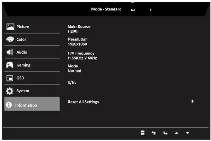 Mode - Standard Full Picture Color Audio Gaming OSD System Information Main Source HDMI Resolution 1920x1080 H/V Frequency H 66KHz V 60Hz Mode Normal S/N: Reset All Settings