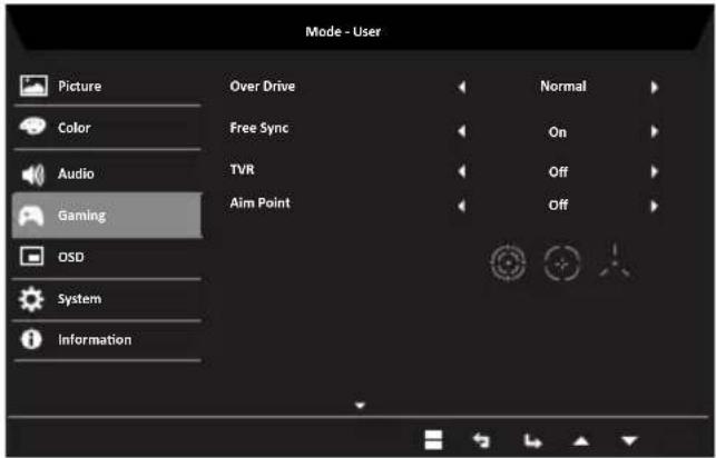 Mode - User Picture Over Drive Normal Color Free Sync On Audio TVR Off Gaming Aim Point Off O3D System Information