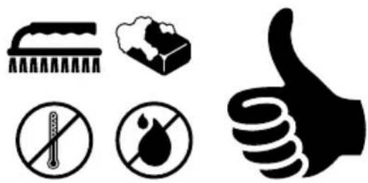Warning symbols including a brush, soap block, thermometer, and thumbs-up gesture