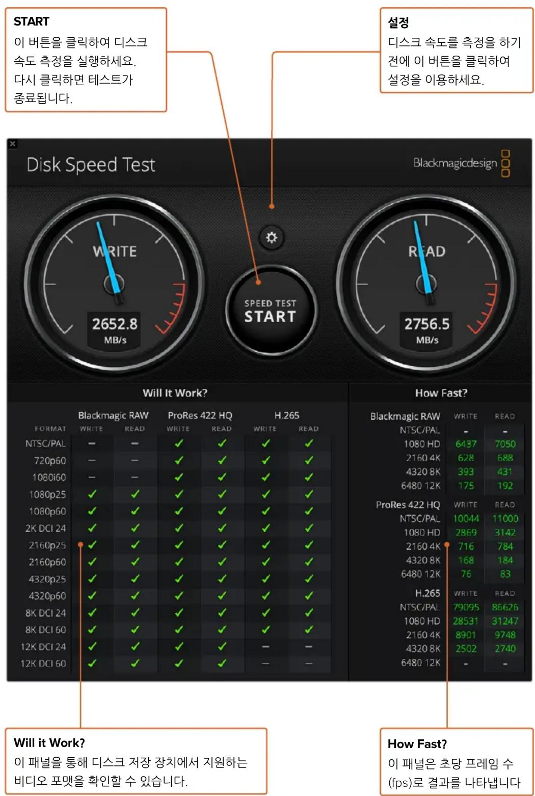 START 이 버튼을 클릭하여 디스크 속도 측정을 실행하세요. 다시 클릭하면 테스트가 종료됩니다. Disk Speed Test WRITE 2652.8 MB/s SPEED TEST START Blackmagicdesign SETEN 디스크 속도를 측정을 하기 전에 이 버튼을 클릭하여 설정을 이용하세요. Will it Work? Blackmagic RAW PRORes 422 HQ H.265 FORMAT WRITE READ WRITE READ WRITE READ NTSC/PAL - - ✓ ✓ ✓ ✓ ✓ 720p60 - - ✓ ✓ ✓ ✓ ✓ 1080i60 - - ✓ ✓ ✓ ✓ ✓ 1080p25 ✓ ✓ ✓ ✓ ✓ ✓ 1080p60 ✓ ✓ ✓ ✓ ✓ ✓ 2K DCI 24 ✓ ✓ ✓ ✓ ✓ ✓ 2160p25 ✓ ✓ ✓ ✓ ✓ ✓ 2160p60 ✓ ✓ ✓ ✓ ✓ ✓ 4320p25 ✓ ✓ ✓ ✓ ✓ ✓ 4320p60 ✓ ✓ ✓ ✓ ✓ ✓ 8K DCI 24 ✓ ✓ ✓ ✓ ✓ ✓ 8K DCI 60 ✓ ✓ ✓ ✓ ✓ ✓ 12K DCI 24 ✓ ✓ ✓ ✓ ✓ - - - 12K DCI 60 ✓ ✓ ✓ ✓ - - How Fast? 이 패널을 통해 디스크 저장 장치에서 지원하는 비디오 포맷을 확인할 수 있습니다. How Fast? 이 패널은 초당 프레임 수 (fps)로 결과를 나타냅니다.