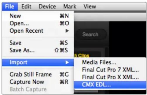 File Edit Device Mark View New %N Open... %O Open Recent ▶ Save %S Save As... ⬇%S Import ▶ Grab Still Frame %G Capture Now %R Batch Capture Search 5 Clips Media Files... Final Cut Pro 7 XML... Final Cut Pro X XML... CMX EDL...
