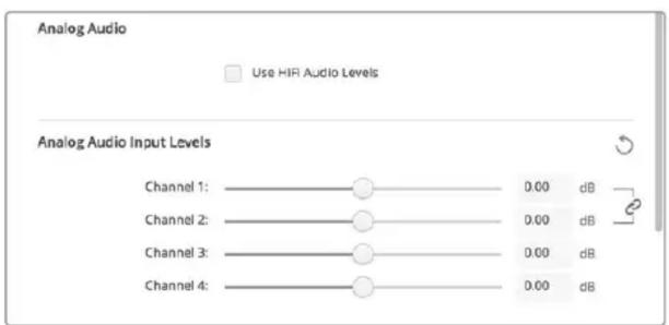 Analog Audio Use HIF Audio Levels Analog Audio Input Levels Channel 1: ○ 0.00 dB Channel 2: ○ 0.00 dB Channel 3: ○ 0.00 dB Channel 4: ○ 0.00 dB