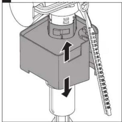 Technical diagram of a mechanical device with labeled parts and directional arrows indicating movement or force