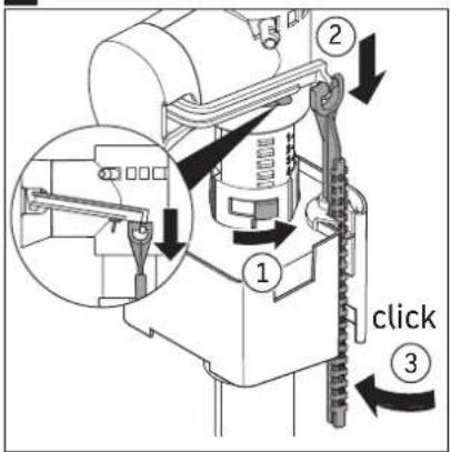 Technical diagram of a mechanical device with labeled parts and directional arrows, including 'click' and '2', showing internal components and motion.