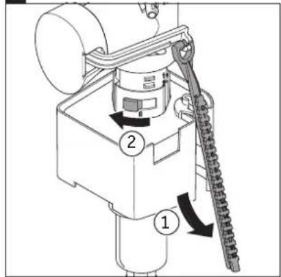 Technical diagram of a mechanical device with labeled parts and directional arrows indicating motion or assembly.