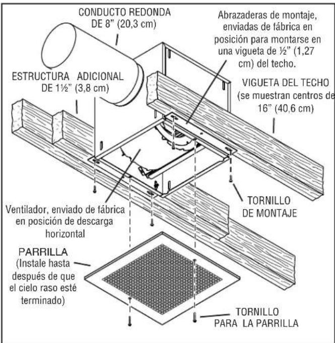 CONDUCTO REDONDA DE 8" (20,3 cm) ESTRUCTURA ADICIONAL DE 1½" (3,8 cm) Abrazaderas de montaje, enviadas de fábrica en posición para montarse en una vigueta de ½" (1,27 cm) del techo. VIGUETA DEL TECHO (se muestran centros de 16" (40,6 cm) TORNILLO DE MONTAJE Ventilador, enviado de fábrica en posición de descarga horizontal PARRILLA (Instale hasta después de que el cielo raso esté terminado) TORNILLO PARA LA PARRILLA