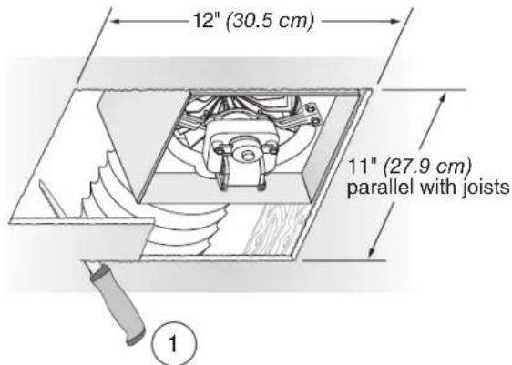 12" (30.5 cm) 11" (27.9 cm) parallel with joists ①