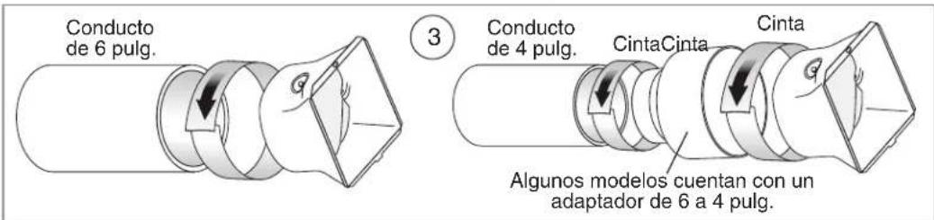 Conducto de 6 pulg. ③ Conducto de 4 pulg. Cinta Cinta Cinta Algunos modelos cuentan con un adaptador de 6 a 4 pulg.