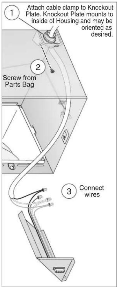 1 Attach cable clamp to Knockout Plate. Knockout Plate mounts to inside of Housing and may be oriented as desired. 2 Screw from Parts Bag 3 Connect wires