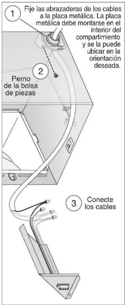 Fije las abrazaderas de los cables a la placa metálica. La placa metálica debe montarse en el interior del compartimiento y se la puede ubicar en la orientación deseada. Perno de la bolsa de piezas Conecte los cables