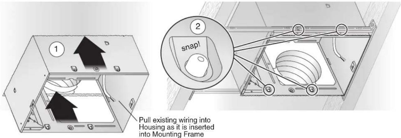 1 2 snap! Pull existing wiring into Housing as it is inserted into Mounting Frame