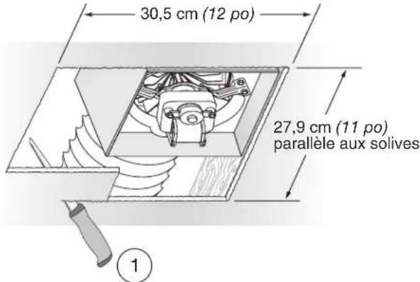 30,5 cm (12 po) 27,9 cm (11 po) parallèle aux solives ①