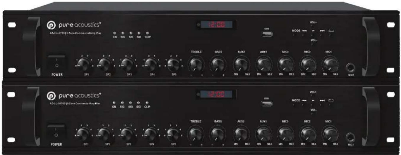 pure acoustics® AZ-2U-6700 | 5 Zone CommercialAmplifier ON SIG SIG SIG CLIP 12:00 VOL+ MODE VOL- TREBLE BASS AUX3 AUX1 MIC3 MIC2 MIC1 MIN MAX MIN MAX MIN MAX MIN MAX POWER SP1 SP2 SP3 SP4 SP5 12:00 VOL+ MODE VOL- TREBLE BASS AUX2 AUX1 MIC3 MIC3 MIC1 MIN MAX MIN MAX MIN MAX MIN MAX POWER SP1 SP2 SP3 SP4 SP5 MIN MAX MIN MAX MIN MAX MUST
