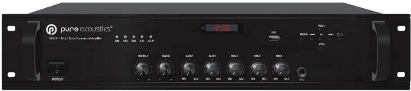 pure acoustics® A25LH120 | 1 Zone Commercial Amplifier ON SIO SIO SIO CLIP TREBLE BASS AUX2 AUX1 MIC3 MIC2 MIC1 MN MX MN MAX MN MAX DBI MX X MN MAX MC1 POWER VOL+ MODE VOL- VOL-