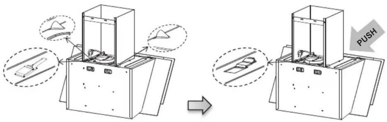 Diagram illustrating a mechanical device before and after press application, showing component positioning and movement with labeled 'PUSH' button.