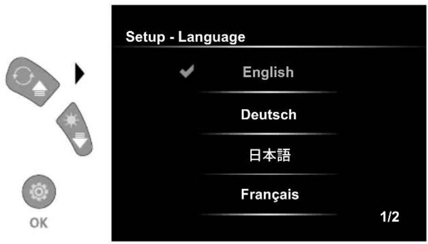 Laserliner VideoInspector XXL - Settings mode: Select language (EN, DE, JP, FR, IT, PT, ES, NL) - 1