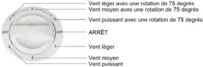 Vent léger avec une rotation de 75 degrés Vent moyen avec une rotation de 75 degrés Vent puissant avec une rotation de 75 degrés ARRÊT Vent léger Vent moyen Vent puissant