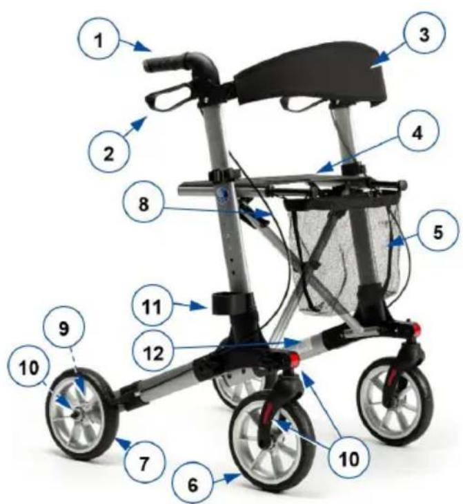 Labeled diagram of a mobility device with numbered parts for identification