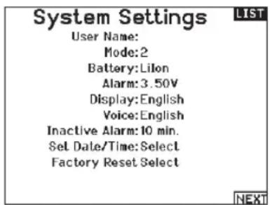 SPEKTRUM NX7e+ - System Settings - 1