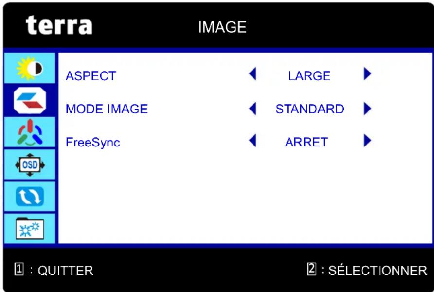 terra IMAGE ASPECT LARGE MODE IMAGE STANDARD FreeSync ARRET 1 : QUITTER 2 : SÉLECTIONNER
