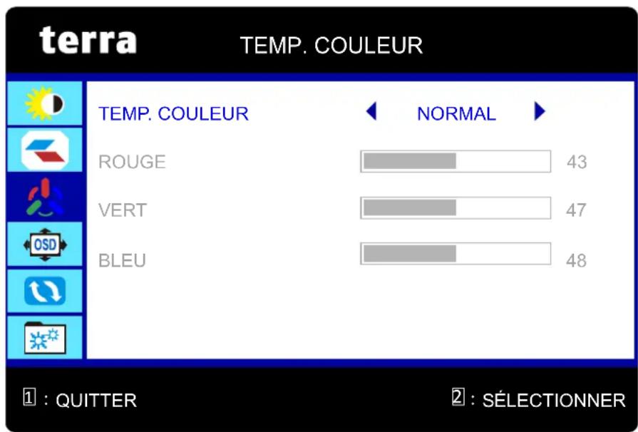 terra TEMP. COULEUR TEMP. COULEUR NORMAL ROUGE 43 VERT 47 BLEU 48 1 : QUITTER 2 : SÉLECTIONNER
