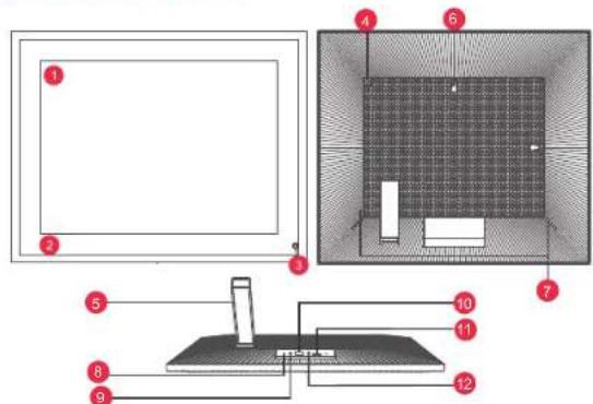 Technical diagram of a device with numbered components, showing front, top, and side views with labeled parts.