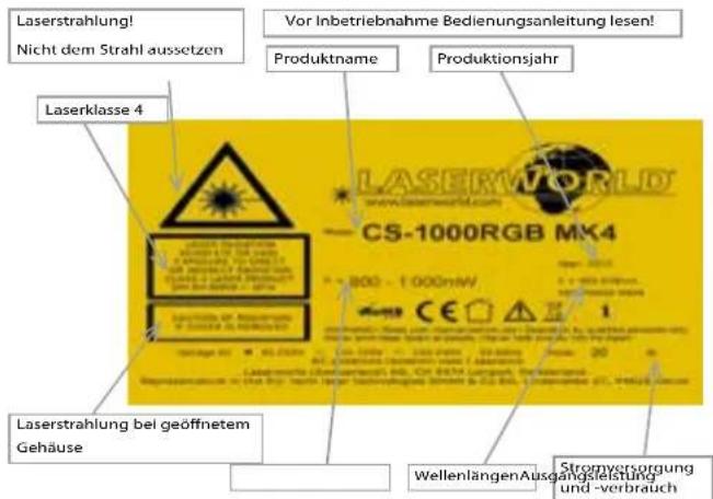 Laserworld CS1000RGB - Warnhinweise und Spezifikationen am Gerät - 1