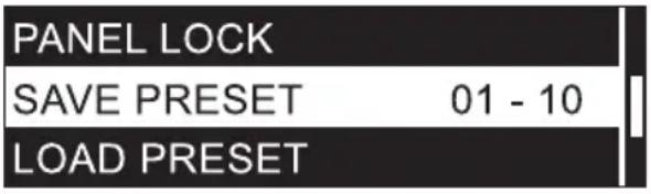 PANEL LOCK SAVE PRESET 01 - 10 LOAD PRESET