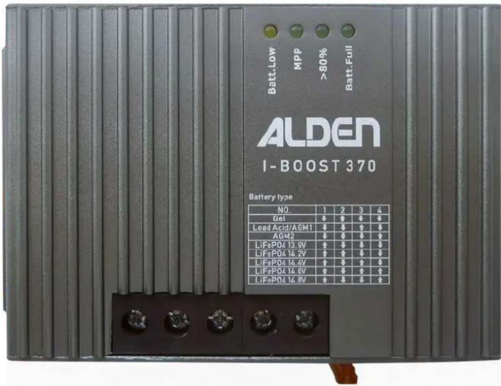 Batt.Low MPP >80% Batt.Full ALDEN I-BOOST 370 Battery type NO. 1 2 3 4 Gel ↓ ↑ ↓ ↓ Lead Acid/AGM1 ↓ ↓ ↑ ↓ AGM2 ↓ ↓ ↓ ↓ LiFeP04 13.9V ↑ ↓ ↓ ↓ LiFeP04 14.2V ↑ ↑ ↓ ↓ LiFeP04 14.4V ↑ ↓ ↑ ↓ LiFeP04 14.6V ↑ ↓ ↑ ↑ LiFeP04 14.8V ↑ ↓ ↓ ↓