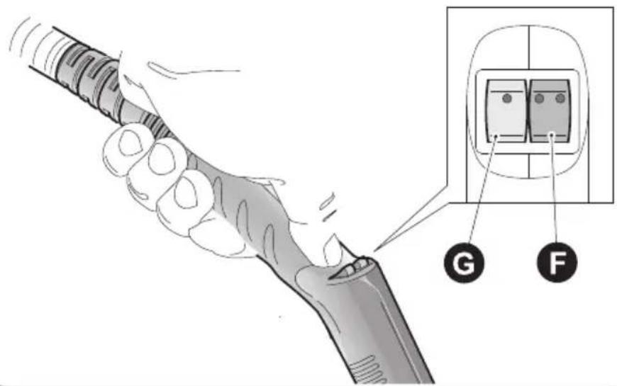 Diagram showing a hand holding a tool with labeled parts G and F, including an inset diagram of a device.