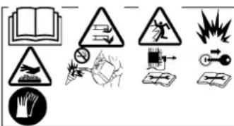 Warning symbols and illustrations for electronic devices, including open book, warning triangle, hazard symbol, safety gear, and electrical hazard.