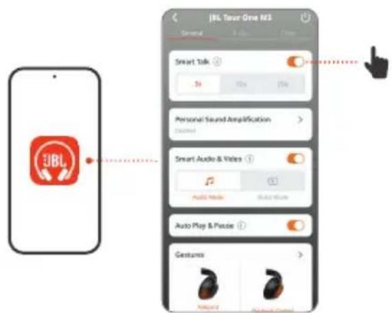 JBL Tour One M3 General Smart Talk 5s 10s 20s Personal Sound Amplification Audio Mode Smart Audio & Video Audio Play & Place Gestance Redund Blueund