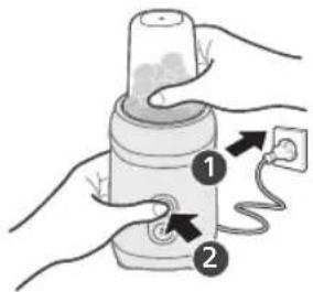 Diagram showing hands connecting a device to an electrical outlet with labeled parts 1 and 2