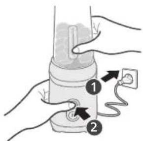 Diagram showing hands connecting a device to a power outlet with labeled parts 1 and 2
